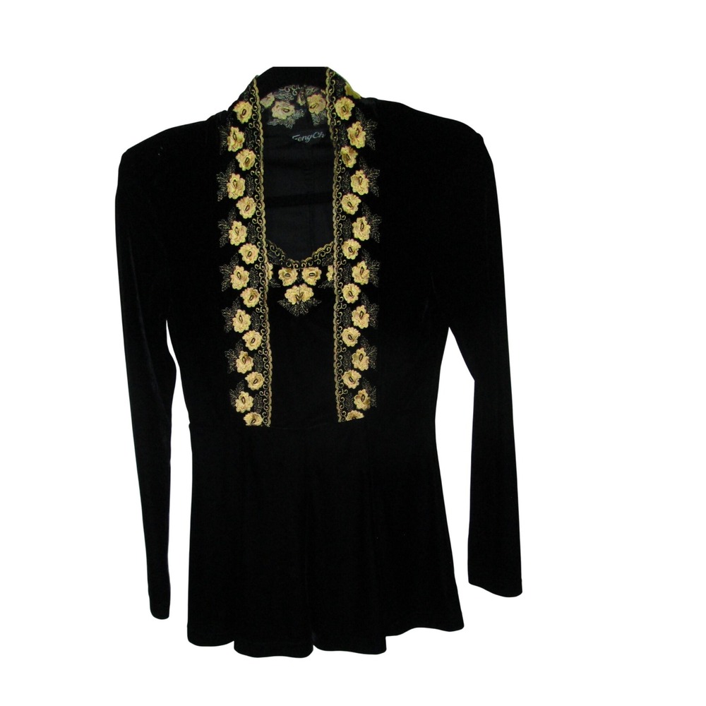 Feng Chai Top Black Velvet Embroidered Witchy Whimsy Fairy Goth